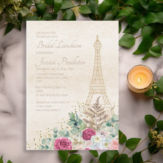 Brautparty Paris Französischer Eiffelturm Pink Gol Einladung (Pink floral on cream-colored Paris/Eiffel Tower bridal luncheon invitation)