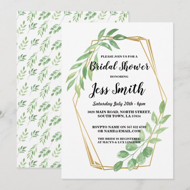 Brautparty Party Gold Frame Blätter laden ein Einladung (Vorne/Hinten)