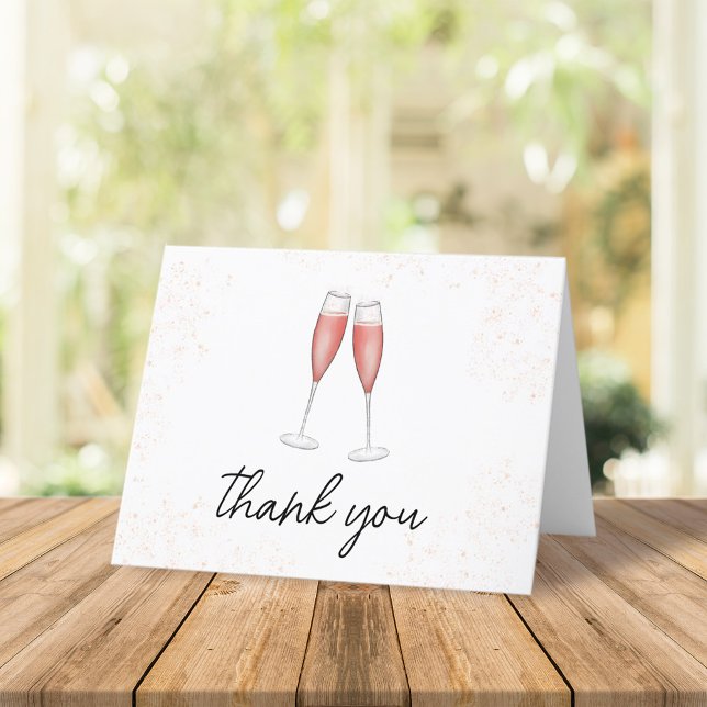 Brautparty Pink Calligraphy Script Champagne Dankeskarte (Simple pink champagne toasting flutes thank you card)