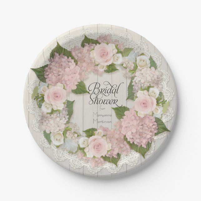 Brautparty Pink Hydrangea Rose Spitzen-Holzzaun Pappteller (Vorderseite)