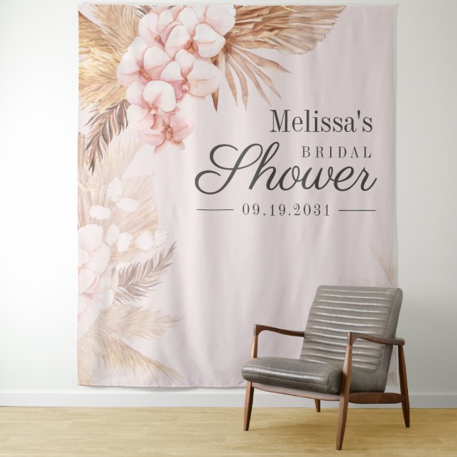Brautparty Pink Pampas Grass Boho Hintergrund Wandteppich (Beispiel)