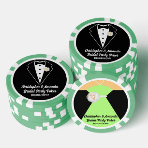 Brautparty-Poker-Schwarzer Smoking & Salbeigrünes  Pokerchips