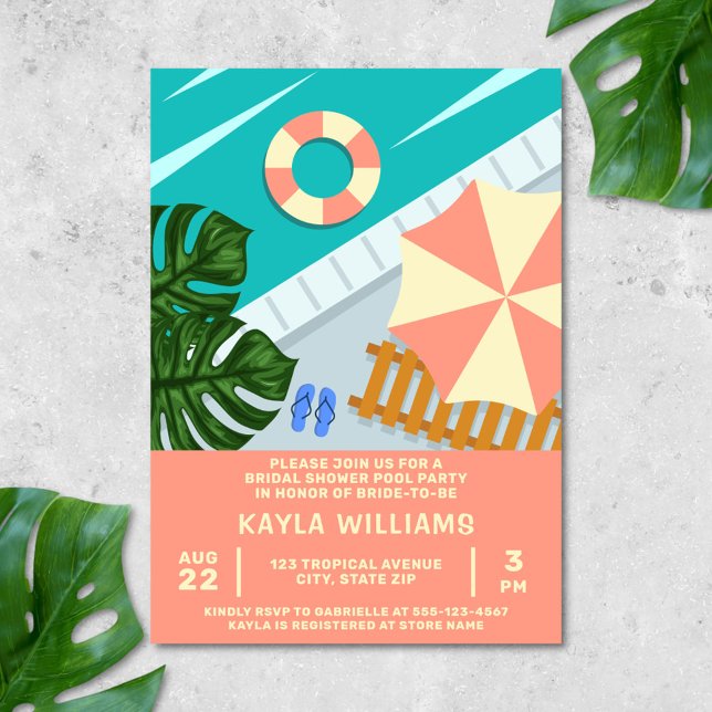 Brautparty Pool Party Tropical Pool Szene Einladung (Bridal shower pool party invitation)