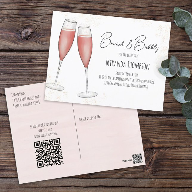 Brautparty QR-Code für rosa Stangen und Bubbly Postkarte (Von Creator hochgeladen)
