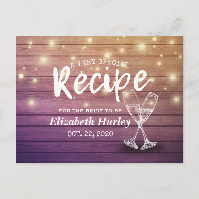 Brautparty Recipe Champagne Glass Wood Lights Postkarte (Vorderseite)