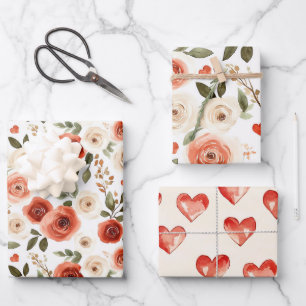 Brautparty "Red Cream Hearts and Blume" Geschenkpapier Set