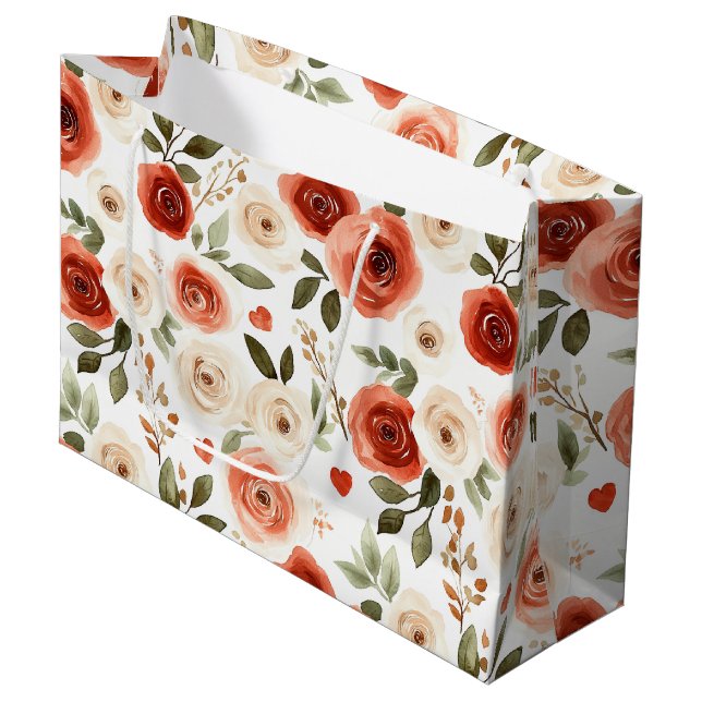 Brautparty "Red Cream Hearts and Blume" Große Geschenktüte (Vorderseite Schrägansicht)
