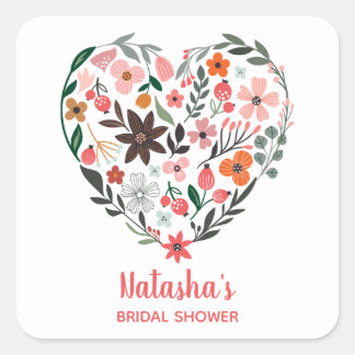 Brautparty | Romantische, Whimsikische Blume Herz Quadratischer Aufkleber