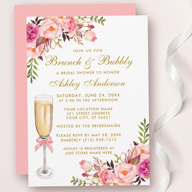 Brautparty Rosa Blumenbrunch Bubbly Gold Einladung (Customize to change text color, text style or color of back of card.)