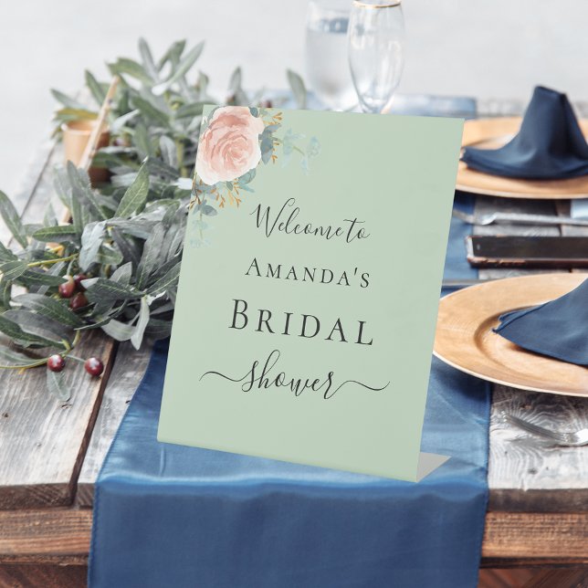 Brautparty Rose Gold Blütengrün Empfang Sockelschild (Von Creator hochgeladen)