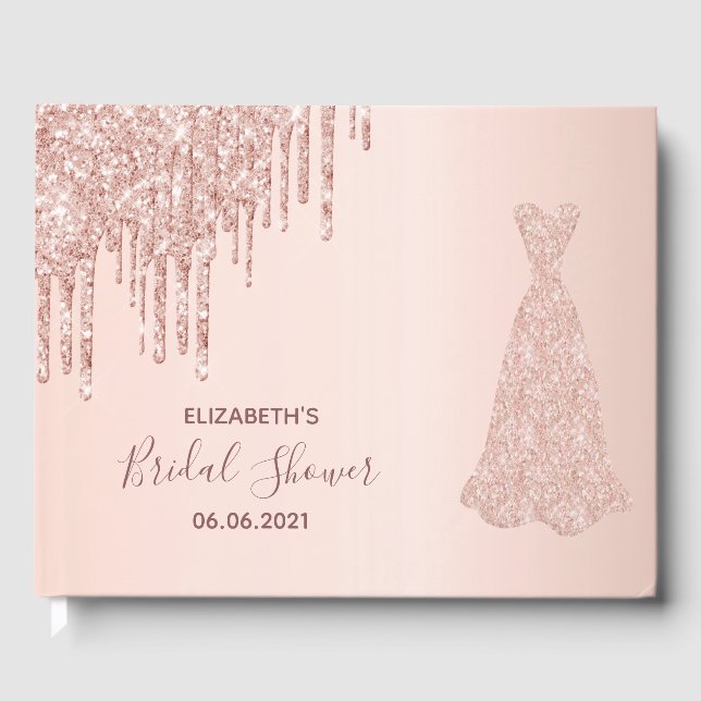 Brautparty Rose Gold Glitzer Tropfen Brautkleid Gästebuch (Vorderseite)