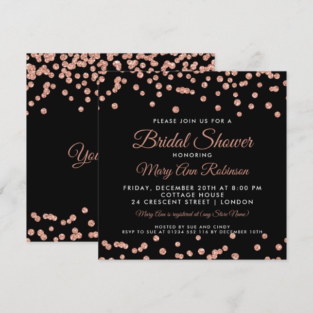 Brautparty Rose Gold Imitate Glitzer Confetti Blac Einladung (Vorne/Hinten)