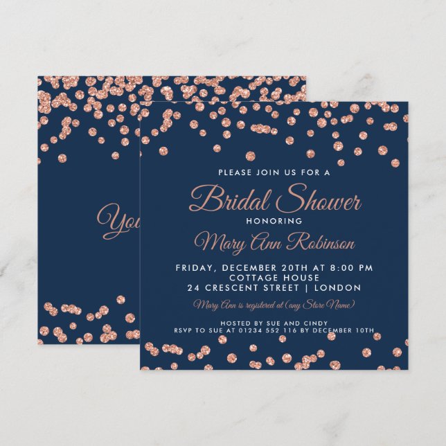 Brautparty Rose Gold Imitate Glitzer Confetti Mari Einladung (Vorne/Hinten)