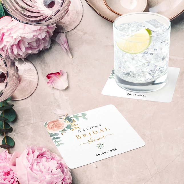 Brautparty Rose Goldblume Eukalyptus elegant Rechteckiger Pappuntersetzer (Von Creator hochgeladen)