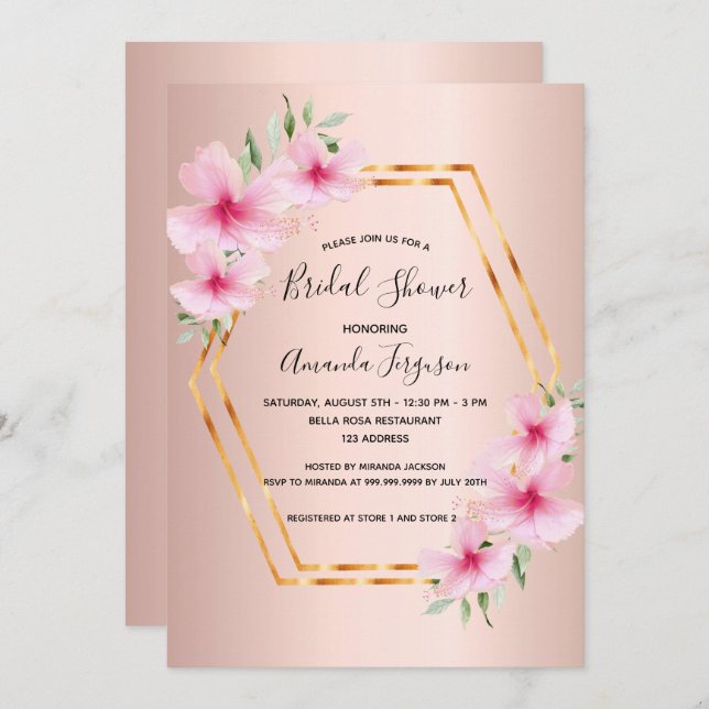 Brautparty Rose Goldrot Rosa Blume Geograf Einladung (Vorne/Hinten)