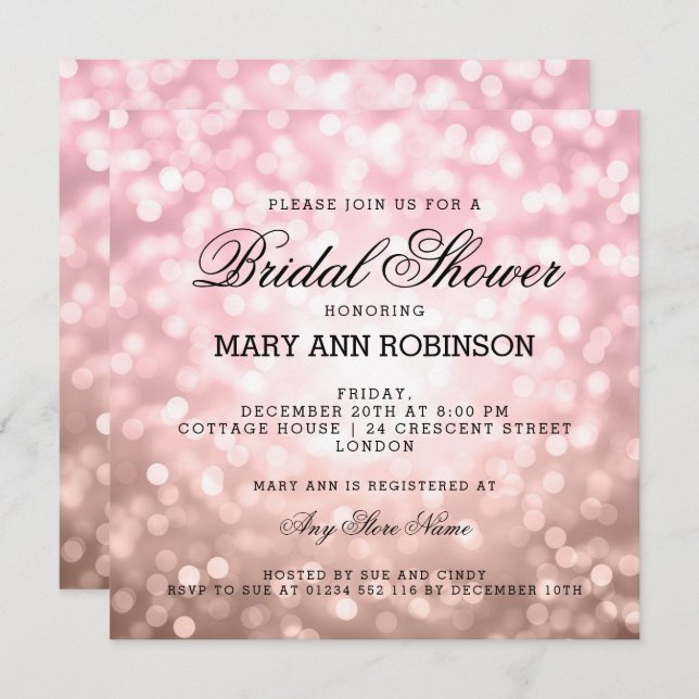 Brautparty Rose Rosa Glitzer Beleuchtung Einladung (Vorne/Hinten)