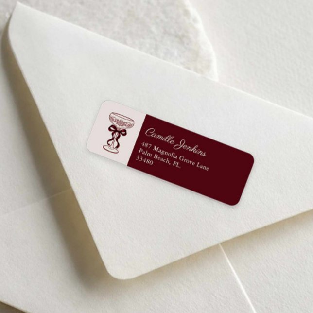 Brautparty-Rücksendeadresse mit Schleife und Glanz (Burgundy Bows and Bubbly Bridal Shower Return Address Label)