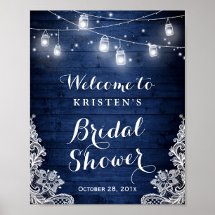 Brautparty Rustic Blue Mason Jar Lights Lace Poster
