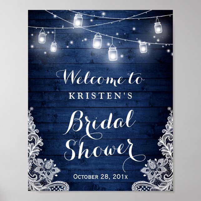 Brautparty Rustic Blue Mason Jar Lights Lace Poster (Vorne)