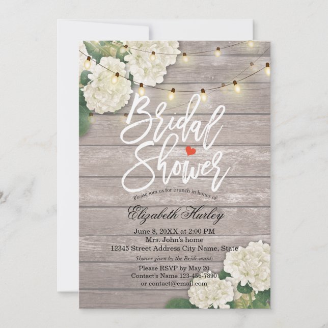 Brautparty Rustic Wood Hydrangea Blume Lights Einladung (Vorderseite)