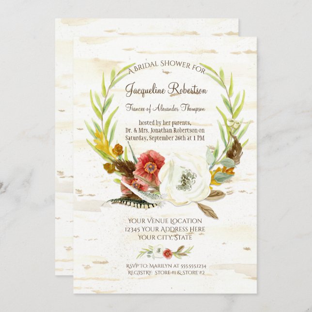 Brautparty Rustic Wreath Boho Feather Birch Einladung (Vorne/Hinten)