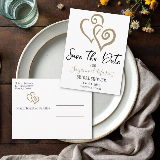 Brautparty Save the Date Khaki Linked Hearts Ankündigungspostkarte (Bridal shower linked hearts save the date invitation template.)