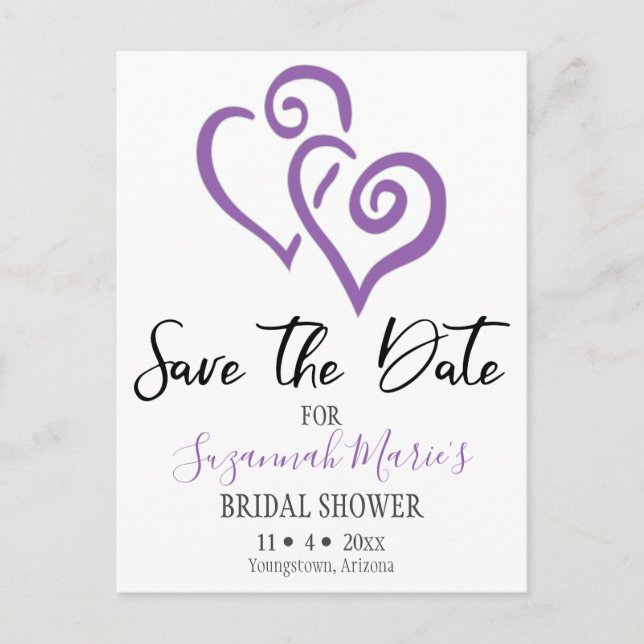 Brautparty Save the Date Lila vernetzte Herzen Ankündigungspostkarte (Vorderseite)