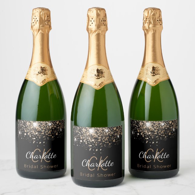 Brautparty Schwarz-Gold-Glitzer-Monogramm-Initiale (Flaschen)