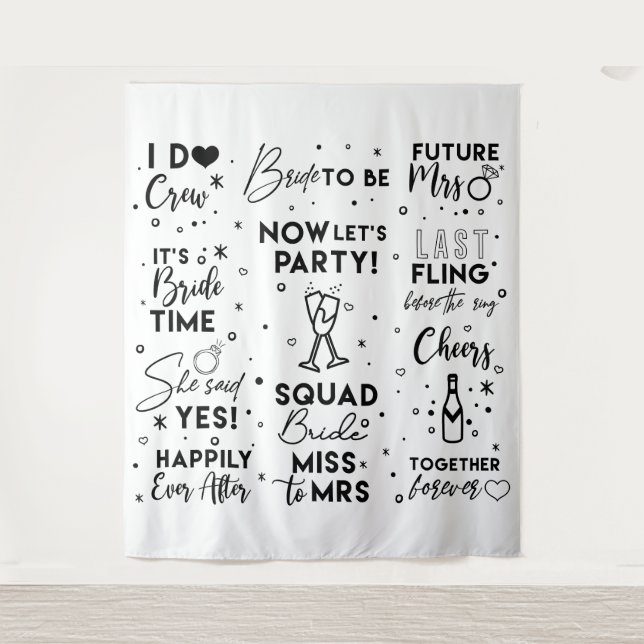 Brautparty Schwarz-Text-Fotokabine Backbanner Wandteppich (Vorderseite)