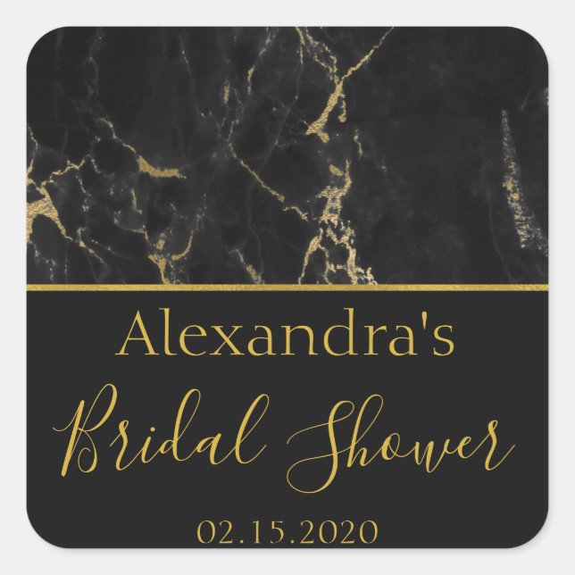 Brautparty Schwarz und Gold Eleganter Marmor Quadratischer Aufkleber (Vorderseite)