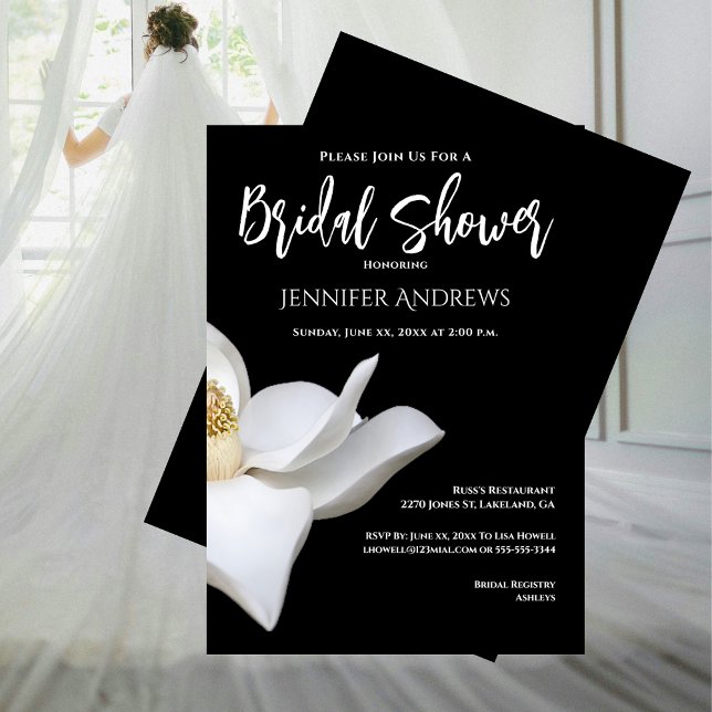 Brautparty Schwarz und Weiß Magnolia Elegante Einladung (Bridal Shower Black and White Magnolia Elegant Invitation)