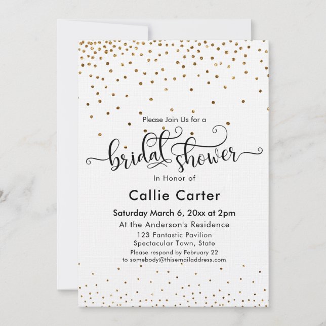 Brautparty Script Typografie Gold Confetti Einladung (Vorderseite)