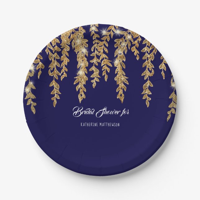 Brautparty Simple Navy Gold Willow Leaf Twinkle Pappteller (Vorderseite)