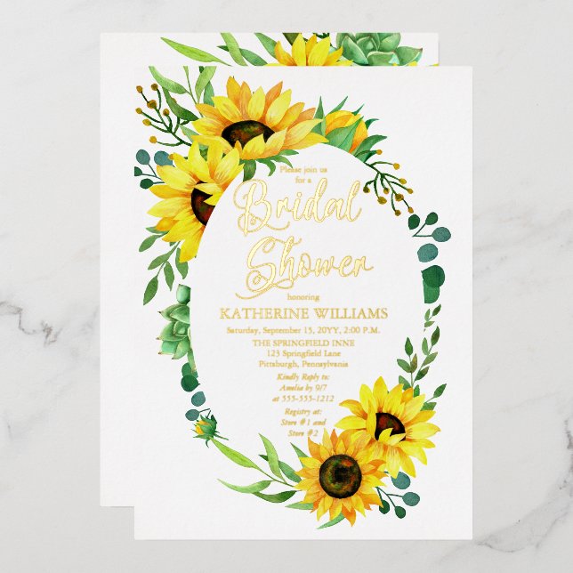 Brautparty Sonnenblumen | Eukalyptus Floral Frame Folieneinladung (Vorderseite/Rückseite)