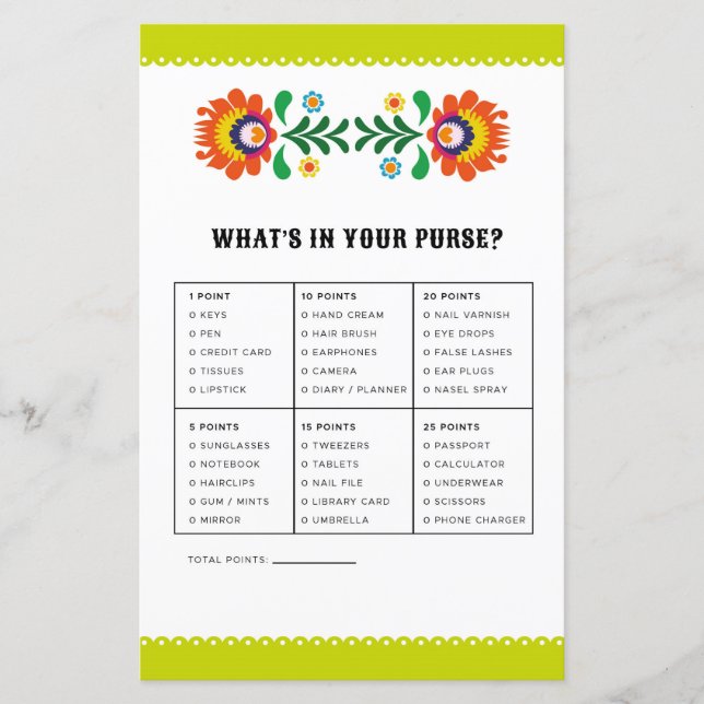 Brautparty-Spiel, was in deiner Purse Fiesta ist (Vorderseite)