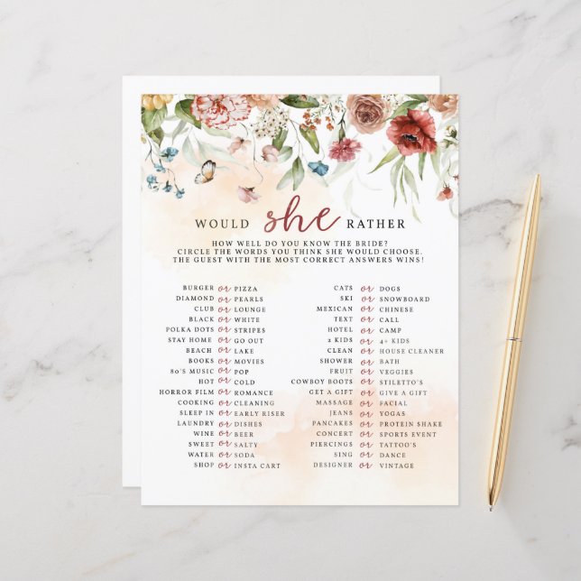 Brautparty-Spiel, würde sie eher (Vorderseite/Rückseite Beispiel)