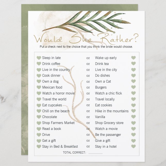 Brautparty-Spiel würde sie eher Gold Sage (Vorne/Hinten)