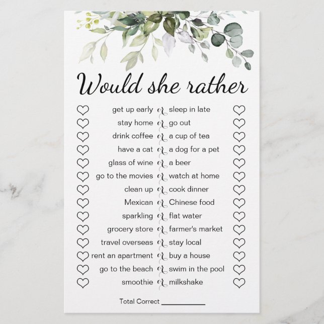 Brautparty-Spiel würde sie eher Karte (Vorne)