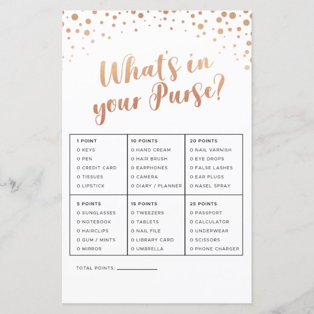 Brautparty-Spiele, was in Ihrer Purse-Game-Rose is (Vorderseite)