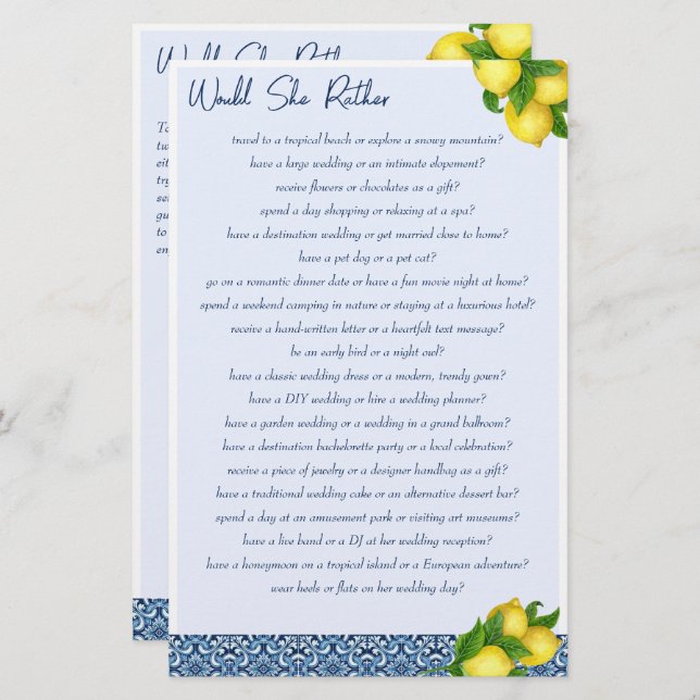 Brautparty-Spiele Würde sie lieber spielen Briefpapier (Vorne/Hinten)