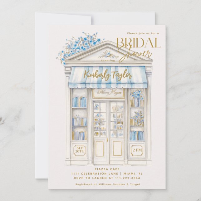 Brautparty "Story Book Blue Bookstore Library" Einladung (Vorderseite)