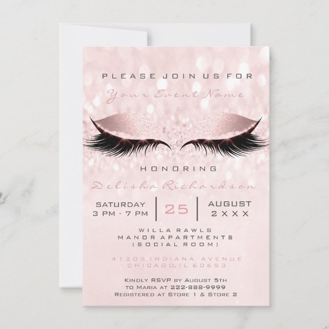 Brautparty Sweet 16. Eye Makeup Pink Rose Gray Einladung (Vorderseite)