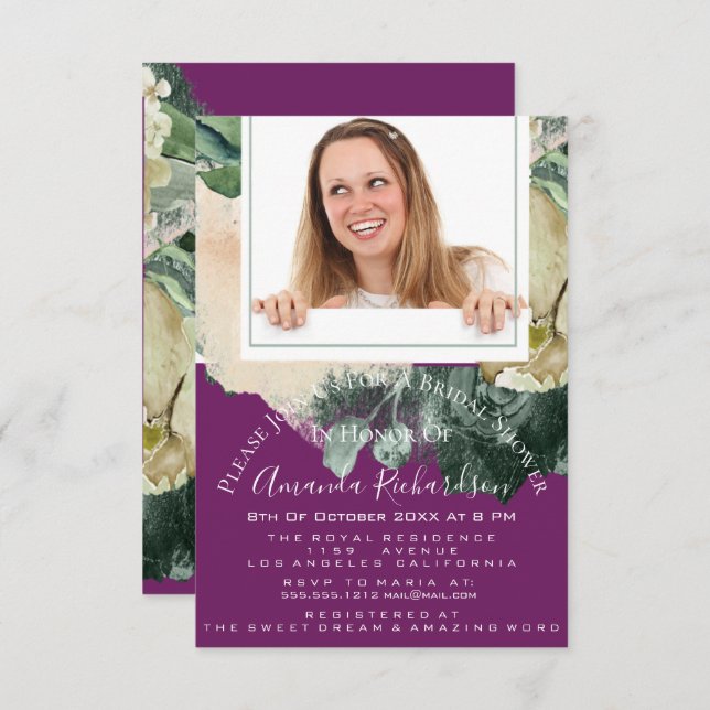 Brautparty Sweet 16. Foto Marsala Mint Floral Einladung (Vorne/Hinten)