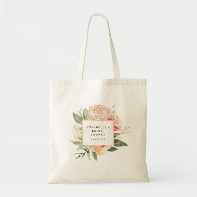 Brautparty-Tasche von Peony und Gold Blume Tragetasche (Vorne)