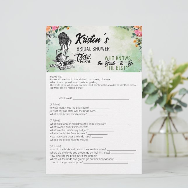 Brautparty Tea Party, das die beste Game Card kenn Briefpapier (Stehend Vorderseite)