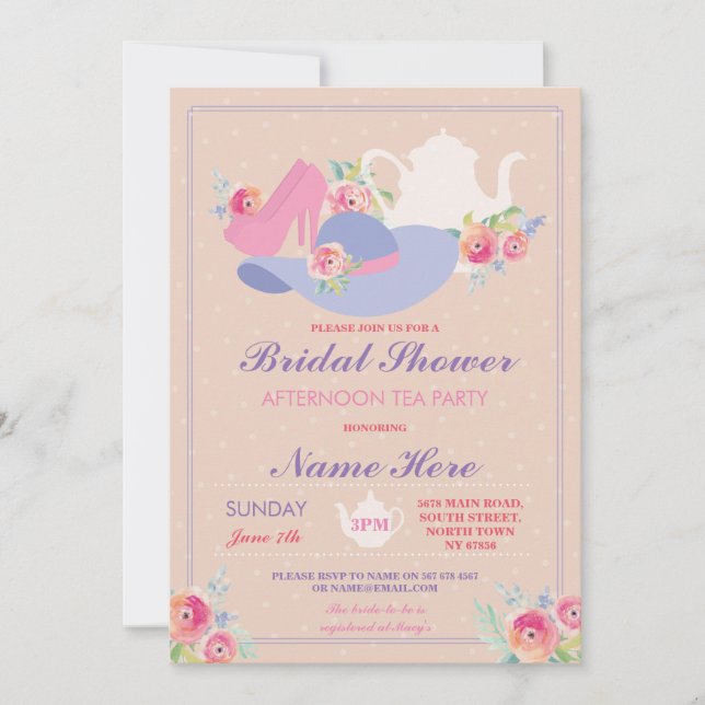 Brautparty Teapot Hat Schuhe Junggeselinnen-Abschi Einladung (Vorderseite)