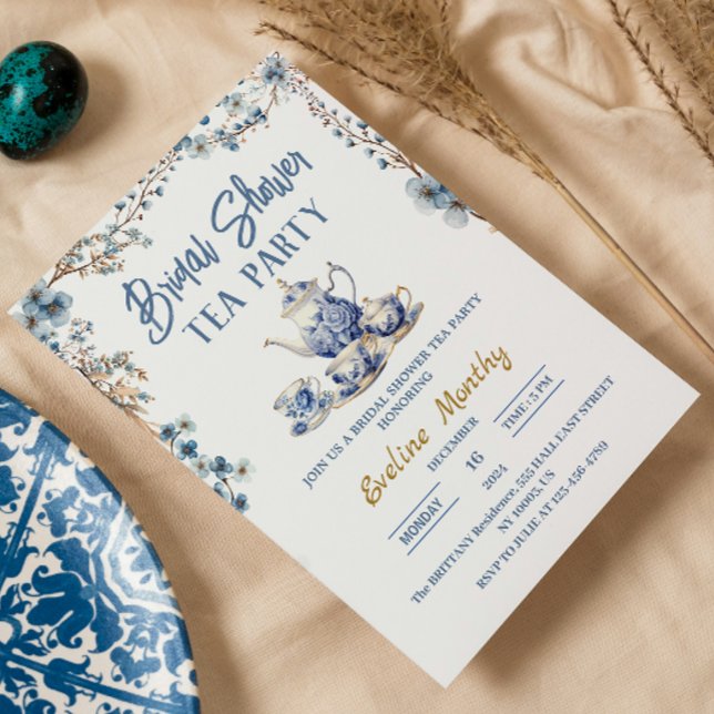 Brautparty Tee Party Delft Blue Floral Brunch Einladung (Bridal Shower Tea Party )