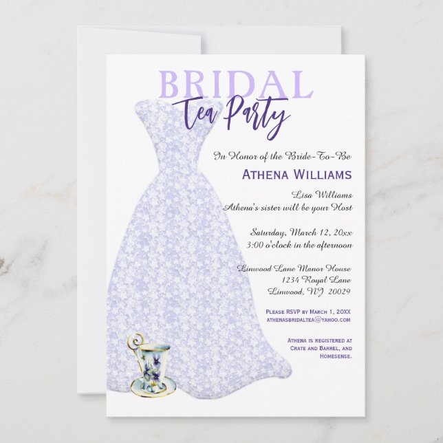 Brautparty Tee Party Lavender Bridal Gown Einladung (Vorderseite)