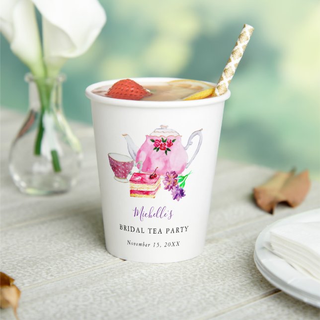 Brautparty Tee Party Lila Teapot Wasser Pappbecher (In Situ)