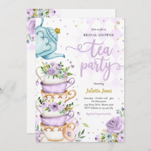 Brautparty Tee Party Lila und Gold florale Einladung
